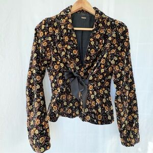 Free People Nicolette Velvet Floral Blazer with Bow black gold